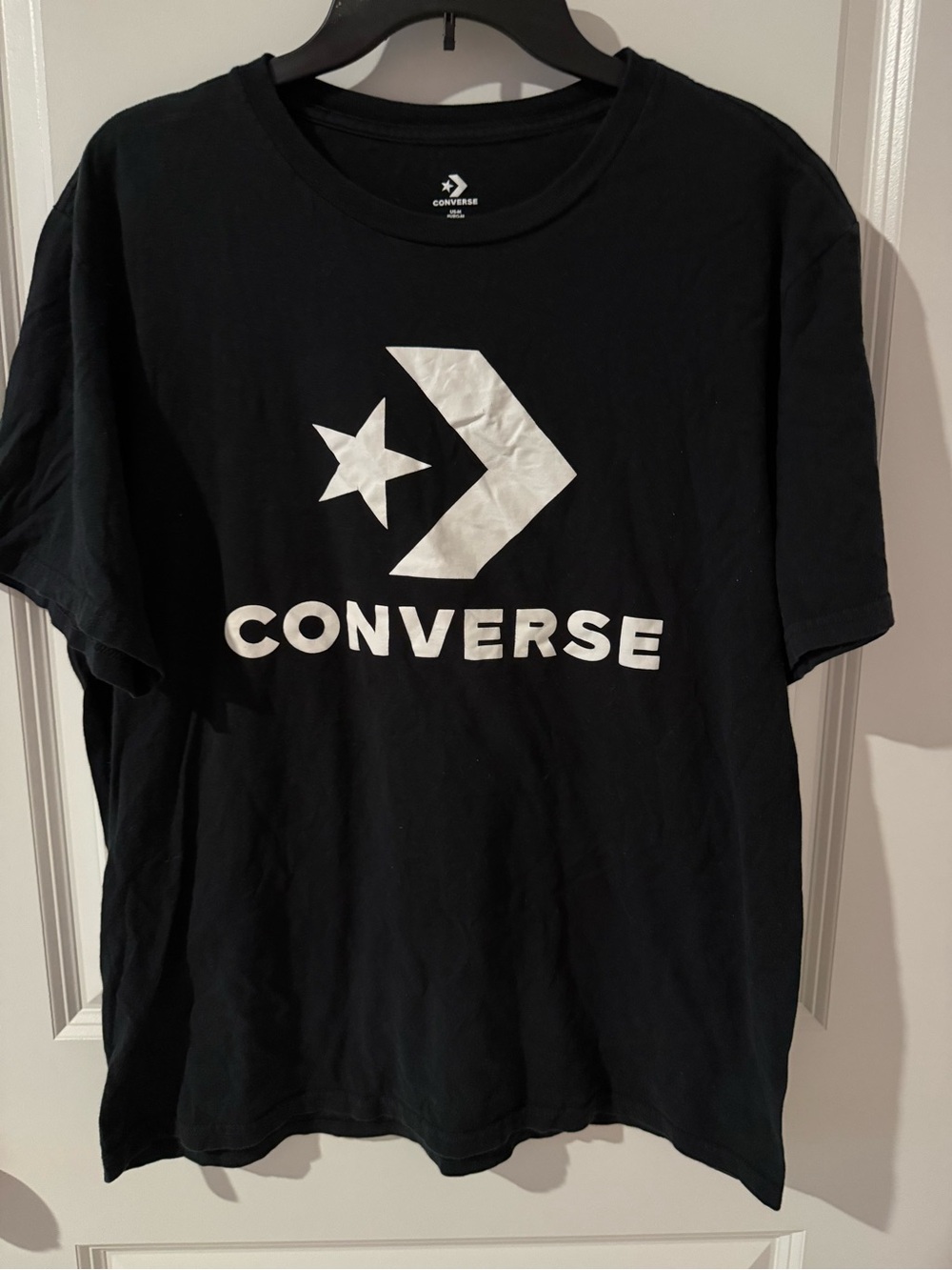 Converse Black Tee with White Star Chevron Logo and Text